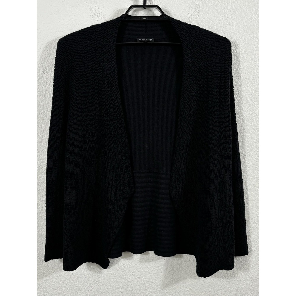 Eileen Fisher Sweater Womens Medium Black Textured Open Front Silk Blend Knit
